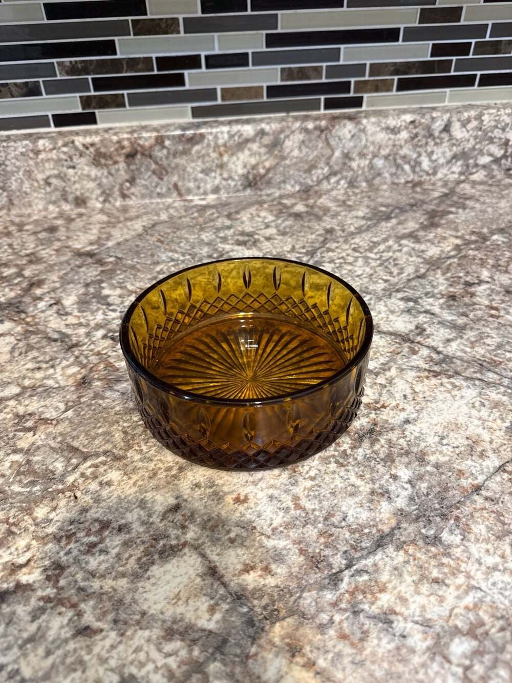 Vintage Arcoroc Sierra Amber Diamond Cut Glass Bowl
